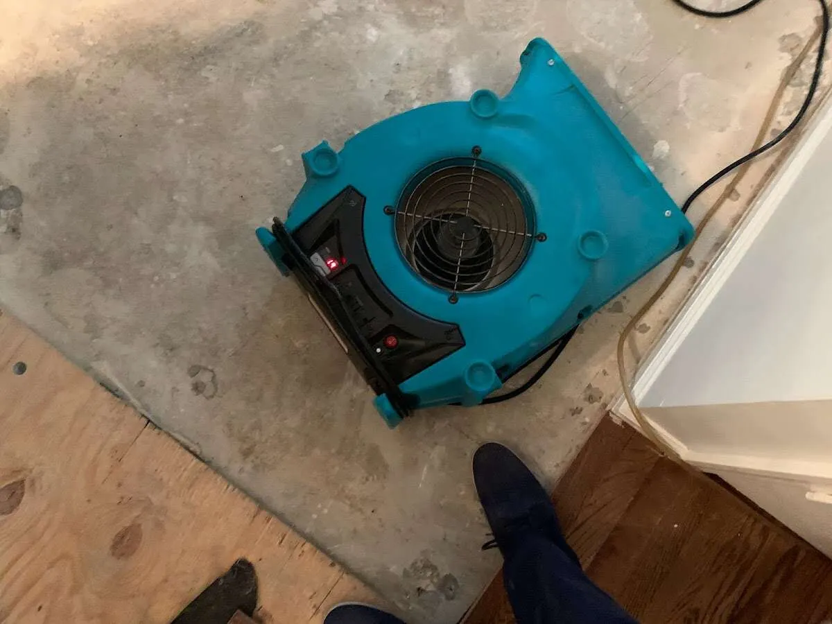 Air mover drying subfloor during Leak Detection & Repair in Rock Island